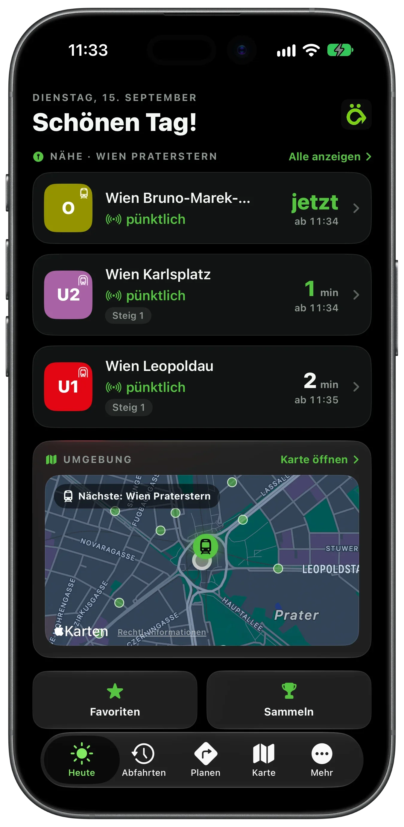 Home screen of the ÖffiGo transit app: the next departures near Wien Praterstern with tram O and metro lines U2 and U1, with the nearby map and favourites below.