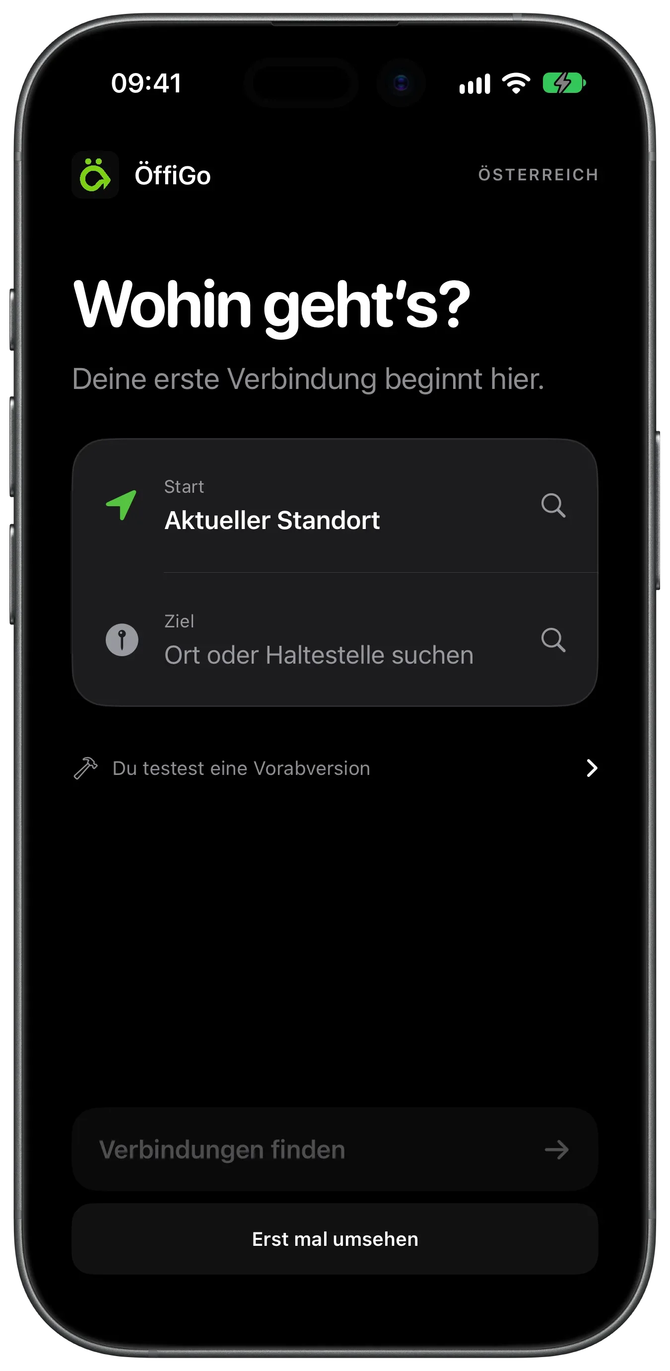 Journey search in ÖffiGo: the start is the current location, the destination a place or stop, with the Find connections button below.