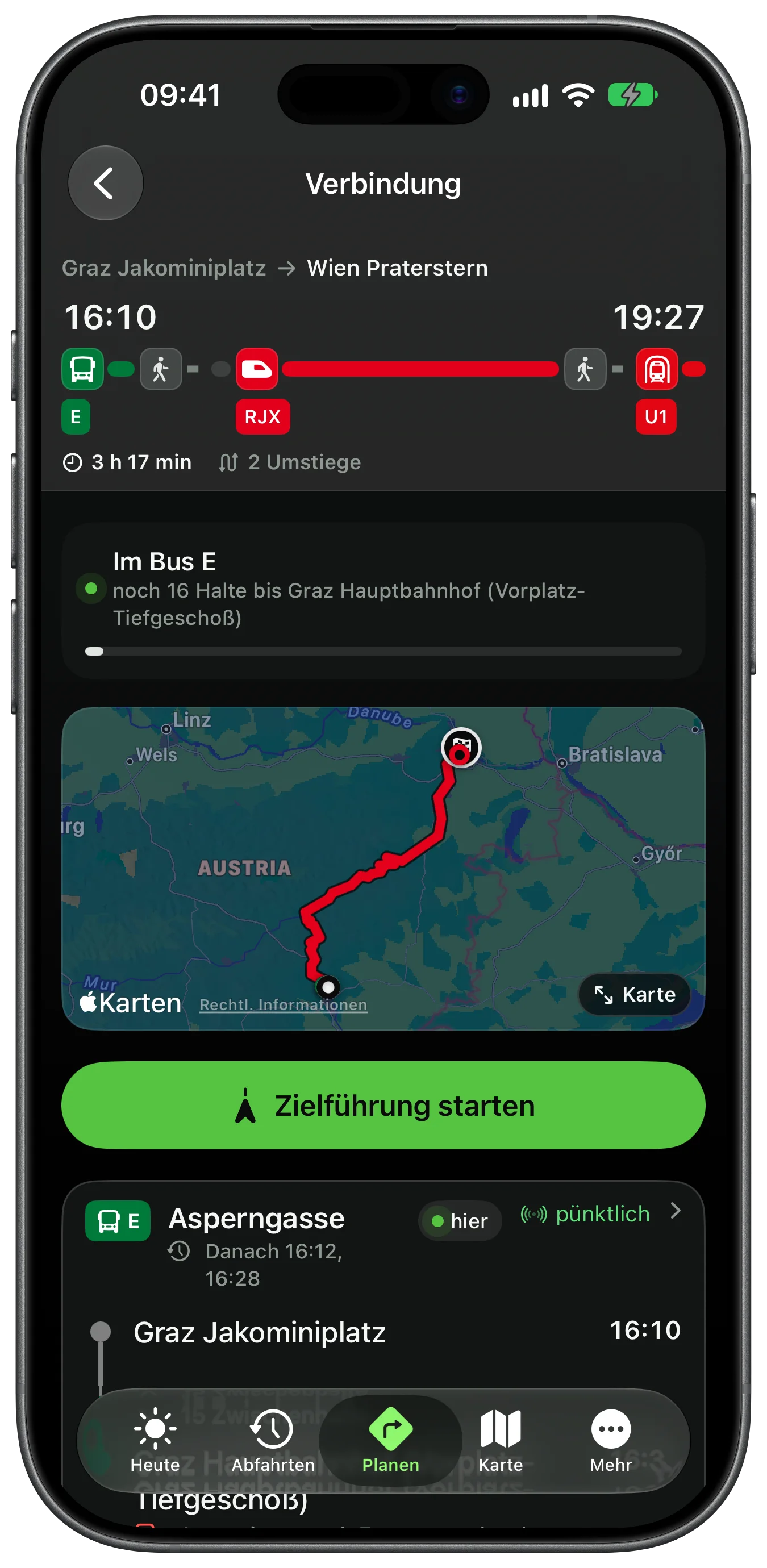 The connection from Graz Jakominiplatz to Wien Praterstern, 16:10 to 19:27: line E, walk, Railjet Express, walk, U1. Below it the route on a map and the Start guidance button.