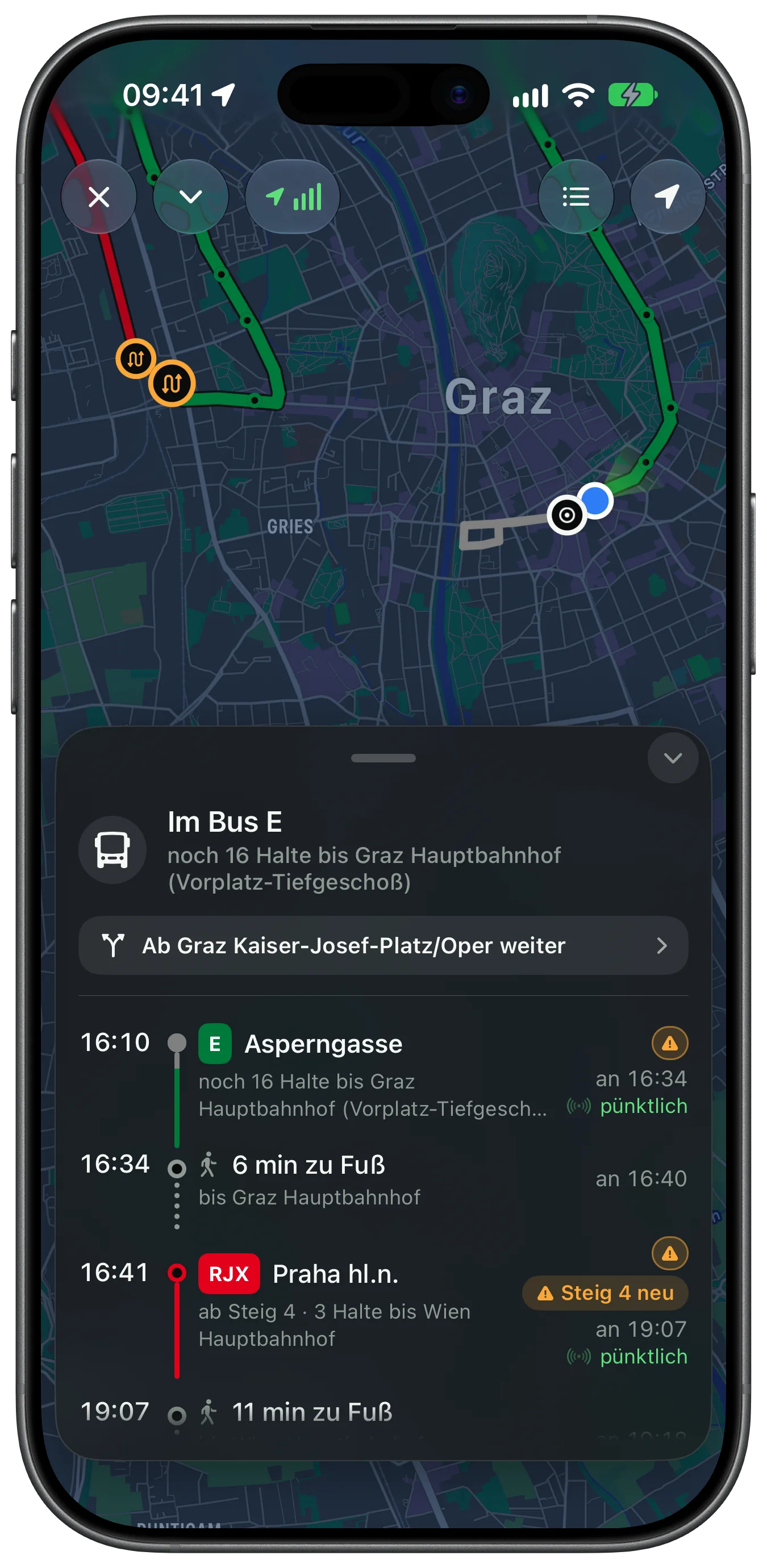 Guidance in Graz: on bus E, 16 stops to Graz Hauptbahnhof. Below it the plan with arrival at 16:34, a six-minute walk and the 16:41 Railjet flagged Platform 4 new.
