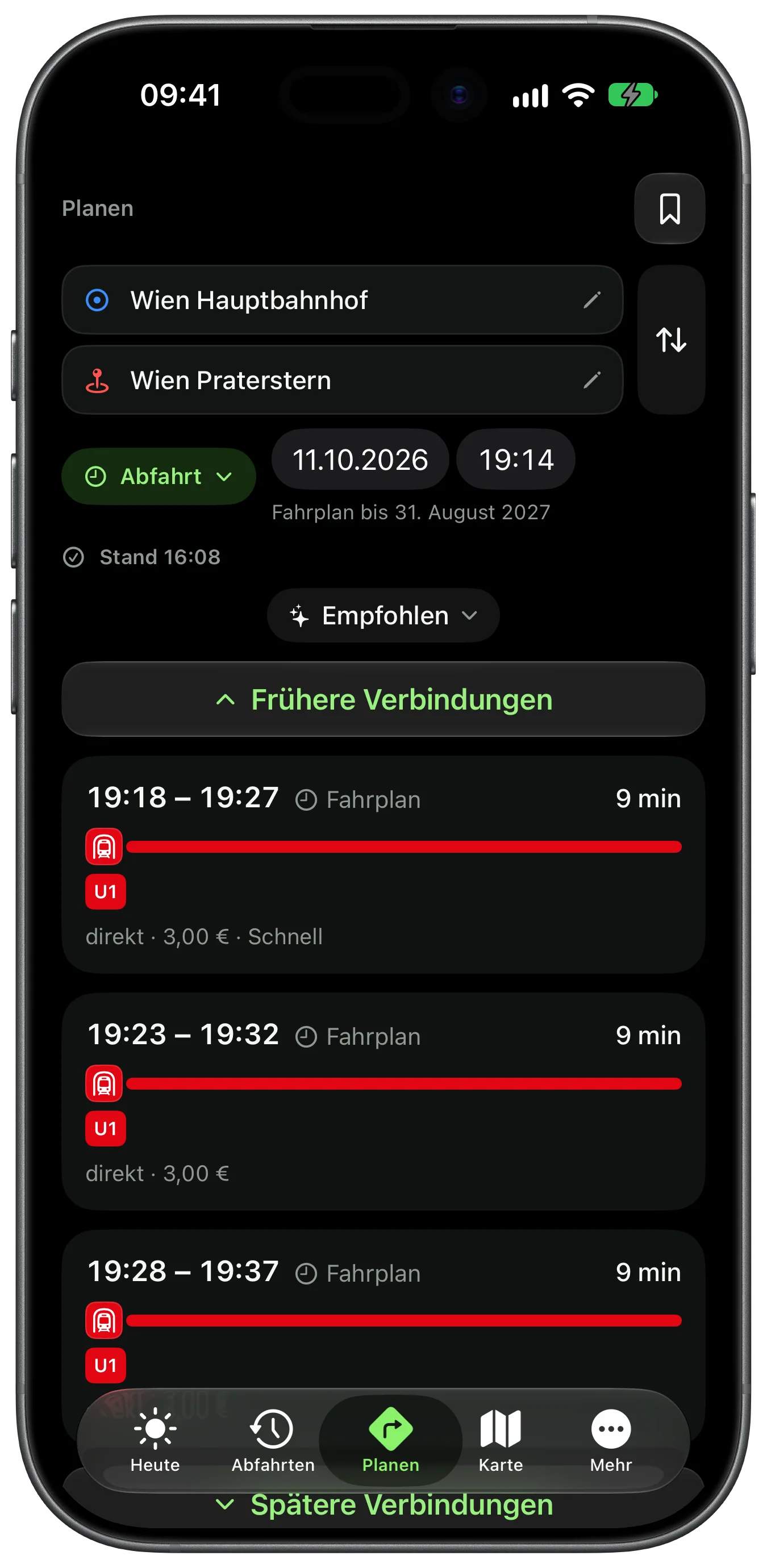 Planning from Wien Hauptbahnhof to Wien Praterstern from 19:14: U1 at 19:18, arriving 19:27; U1 at 19:23, arriving 19:32; U1 at 19:28, arriving 19:37. Each direct, nine minutes.