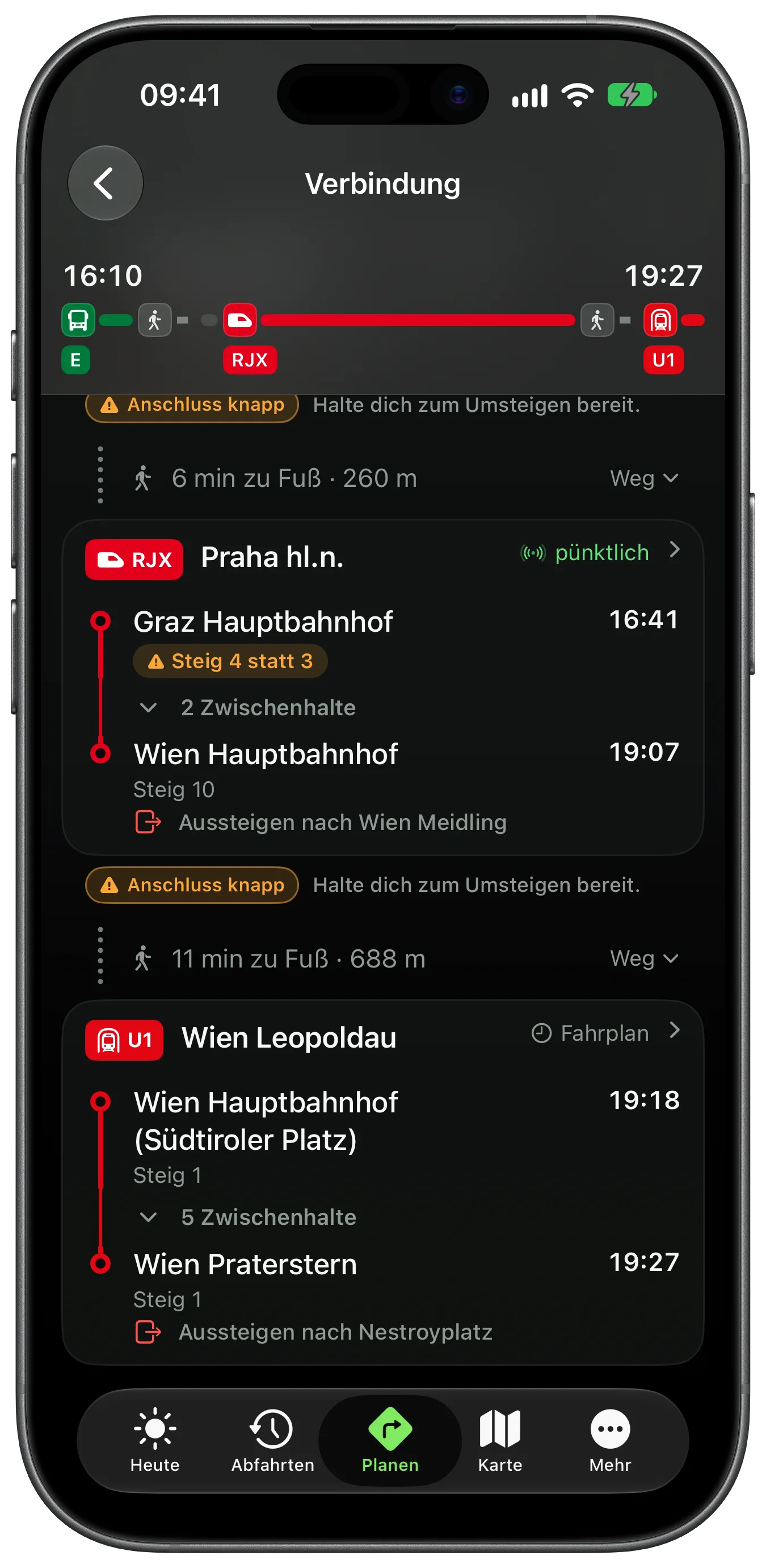 The connection at the first change: a six-minute walk, then the Railjet Express to Praha from Graz Hauptbahnhof at 16:41 flagged Platform 4 instead of 3, arriving Wien Hauptbahnhof 19:07.