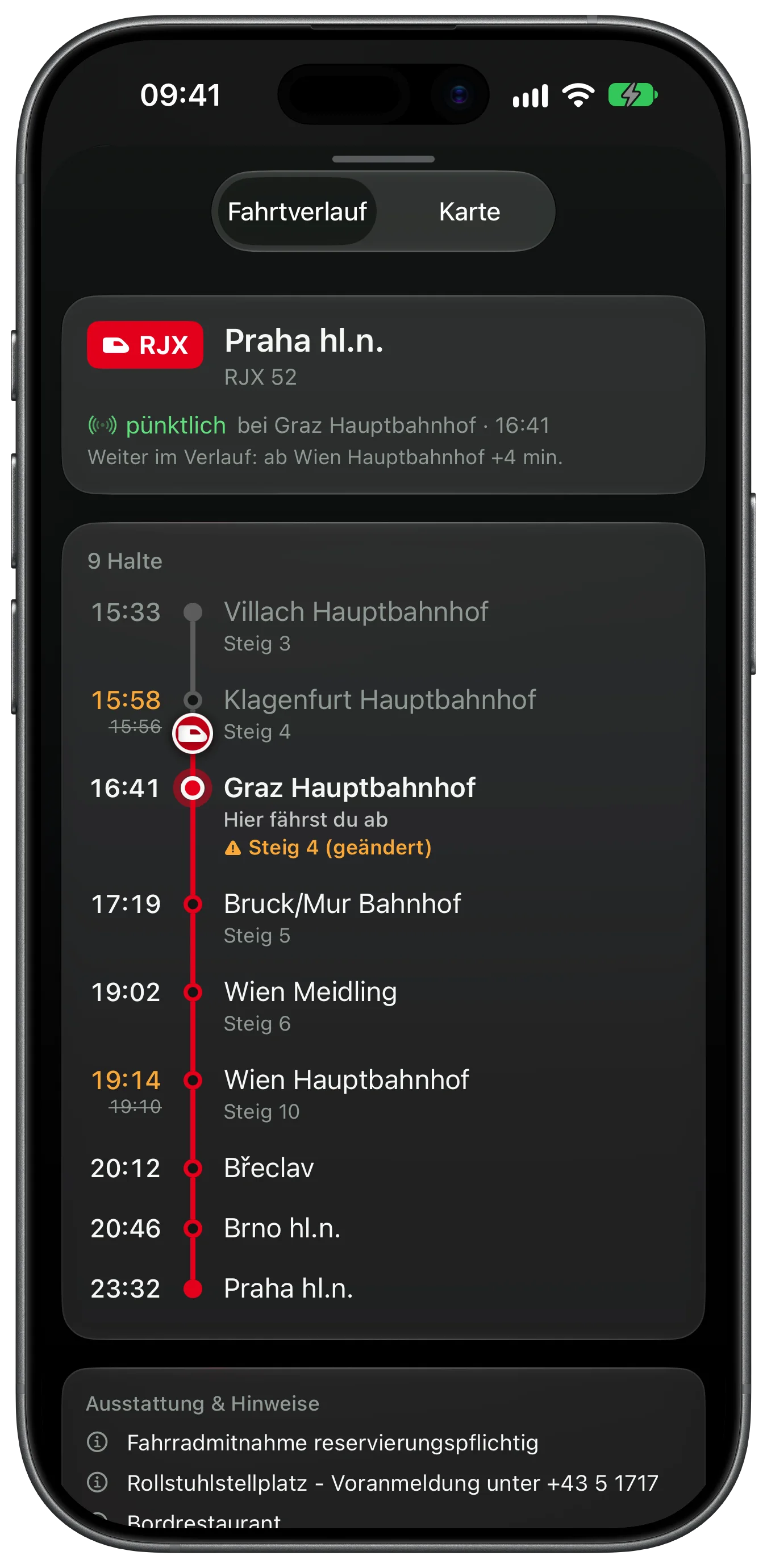 Trip view of RJX 52 from Villach to Praha: leaving Graz Hauptbahnhof on time at 16:41, platform 4 changed, via Bruck an der Mur and Wien Meidling, leaving Wien Hauptbahnhof four minutes later than planned.