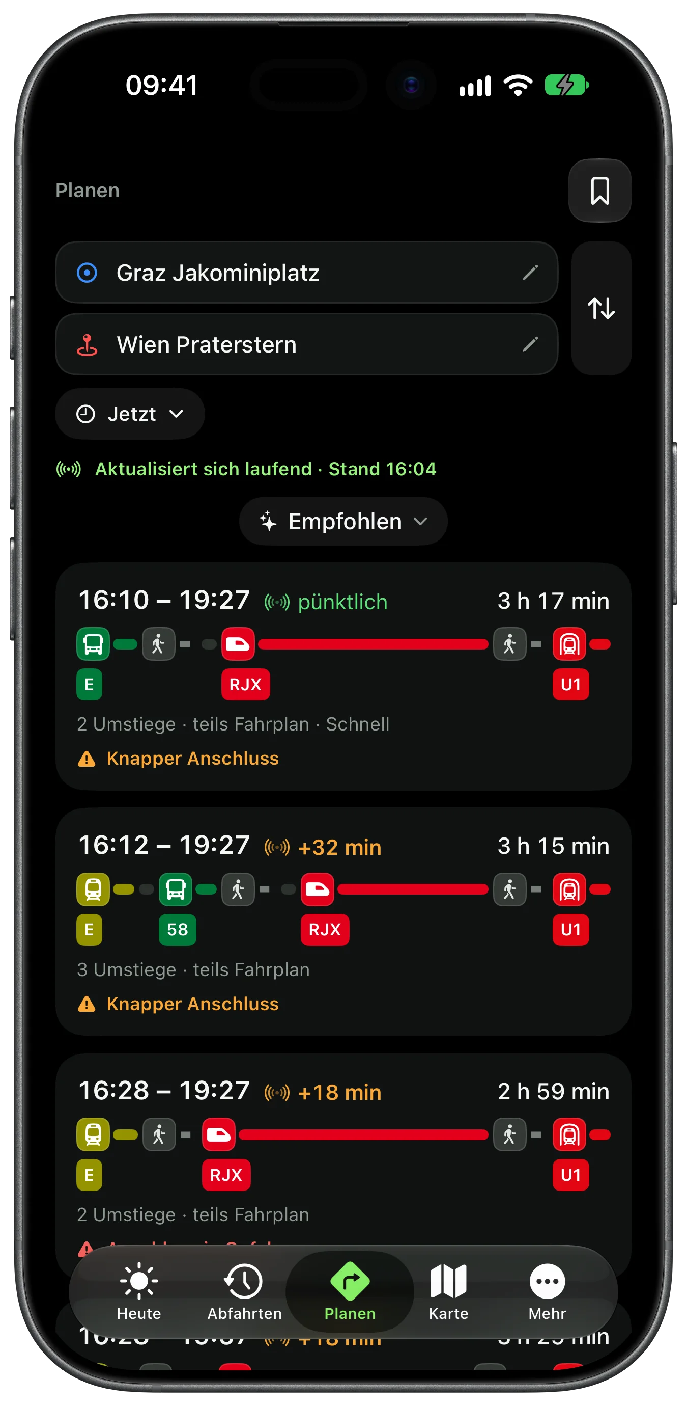 Planning in ÖffiGo: from Graz Jakominiplatz to Wien Praterstern on Sunday. On top the 16:10 connection with line E, Railjet Express and U1, arriving 19:27, three hours 17 minutes, two changes, flagged as a tight connection.