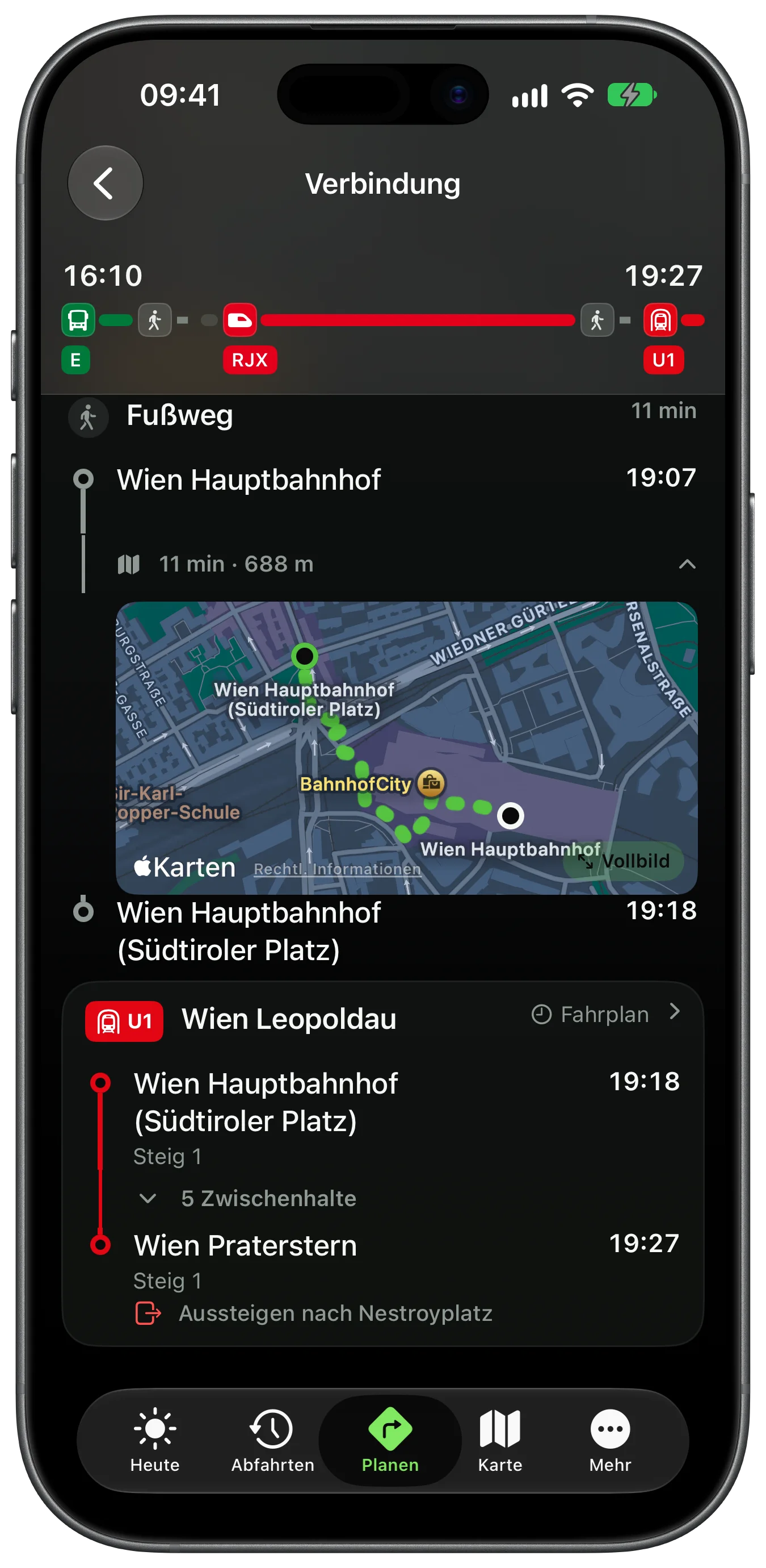 Walking route at Wien Hauptbahnhof: eleven minutes, 688 metres from the platform to the U1 at Südtiroler Platz, drawn on a map. Below it the U1 to Leopoldau at 19:18, at Praterstern 19:27.